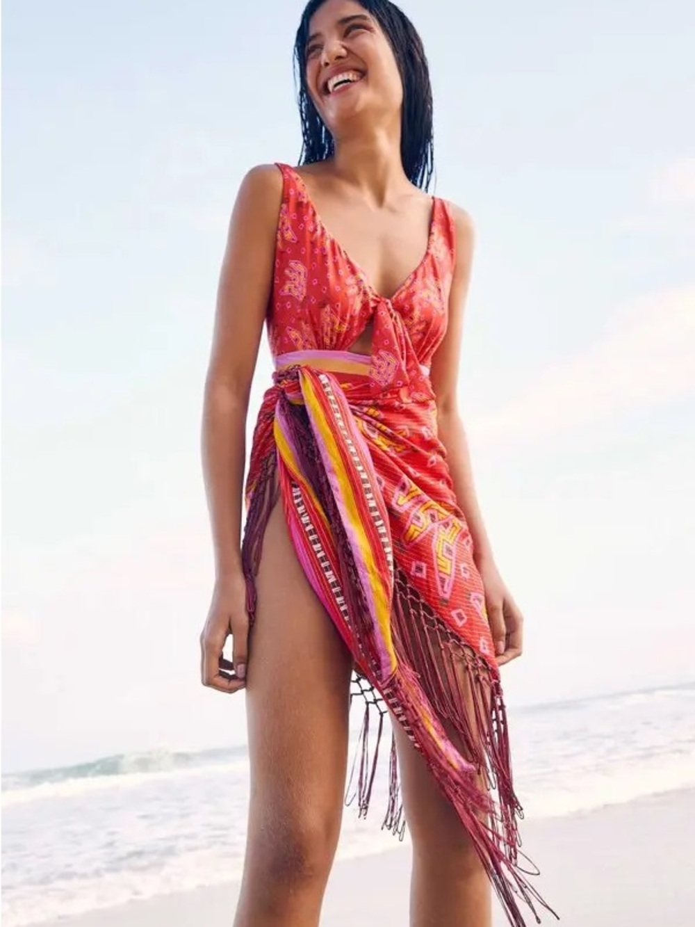 FARM Rio Lucy Reversible Red Bananas Sarong with Fringe NWOT